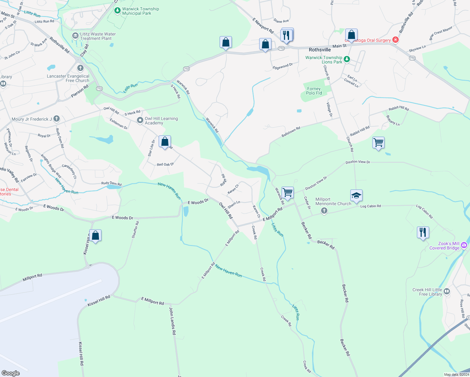 map of restaurants, bars, coffee shops, grocery stores, and more near 49 Karen Court in Lititz