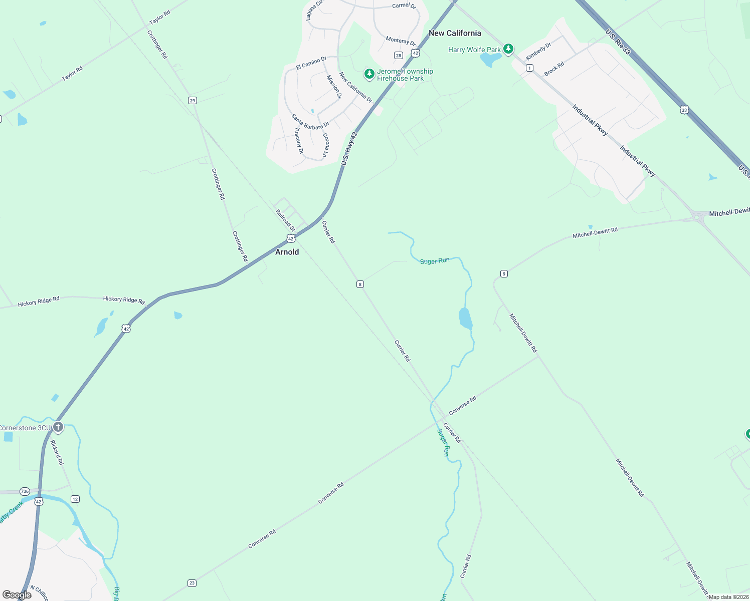 map of restaurants, bars, coffee shops, grocery stores, and more near 8700 Currier Road in Plain City