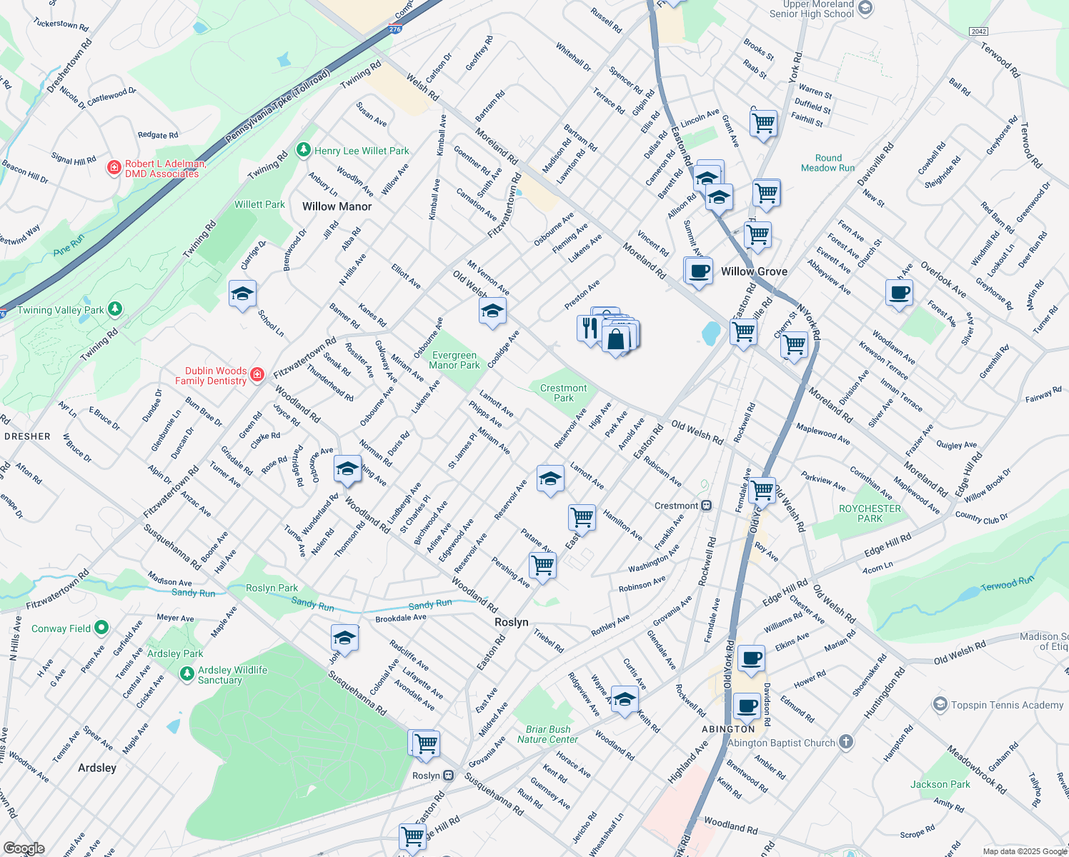 map of restaurants, bars, coffee shops, grocery stores, and more near 2555 Lamott Avenue in Willow Grove