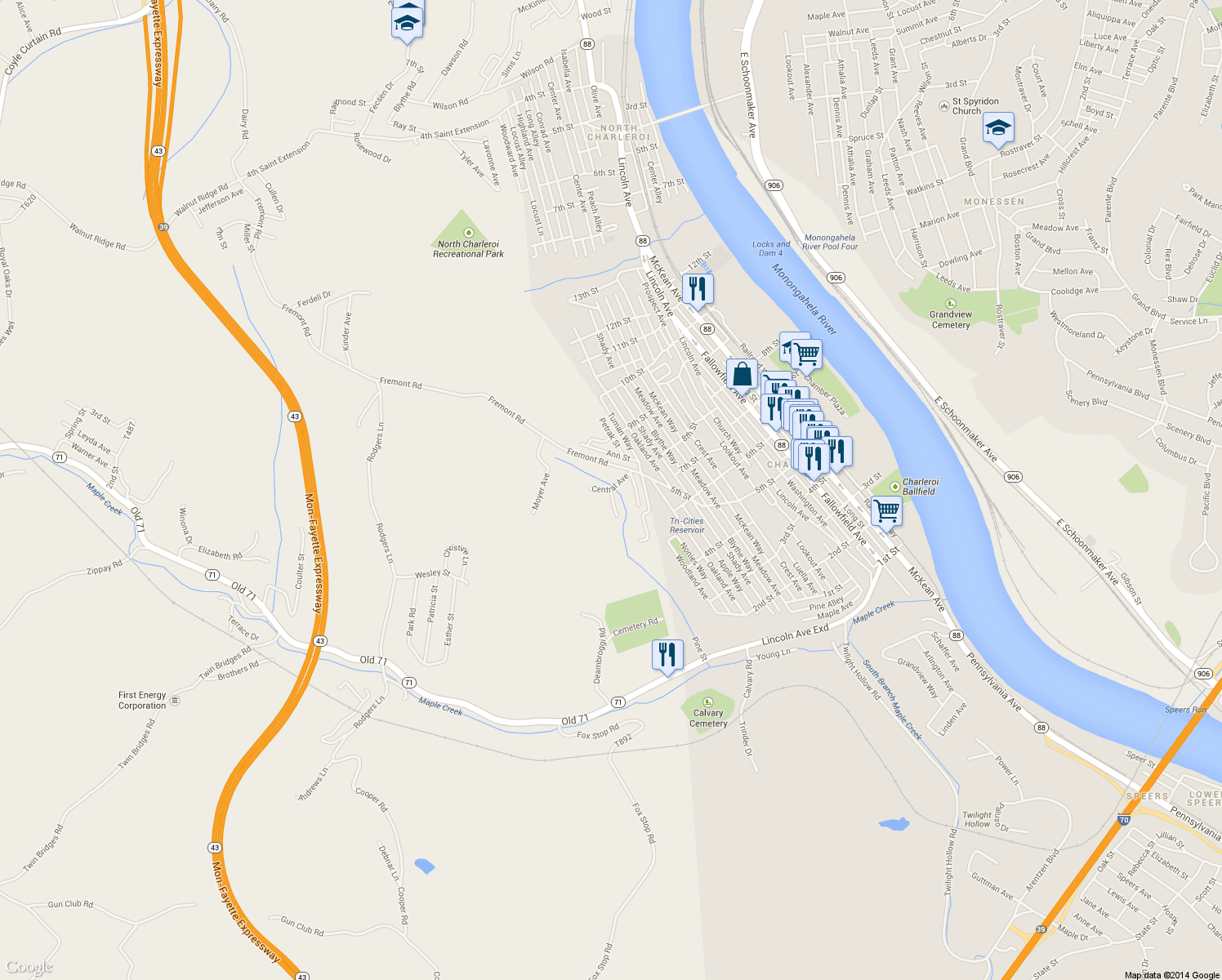 map of restaurants, bars, coffee shops, grocery stores, and more near 24 Central Ave in Charleroi