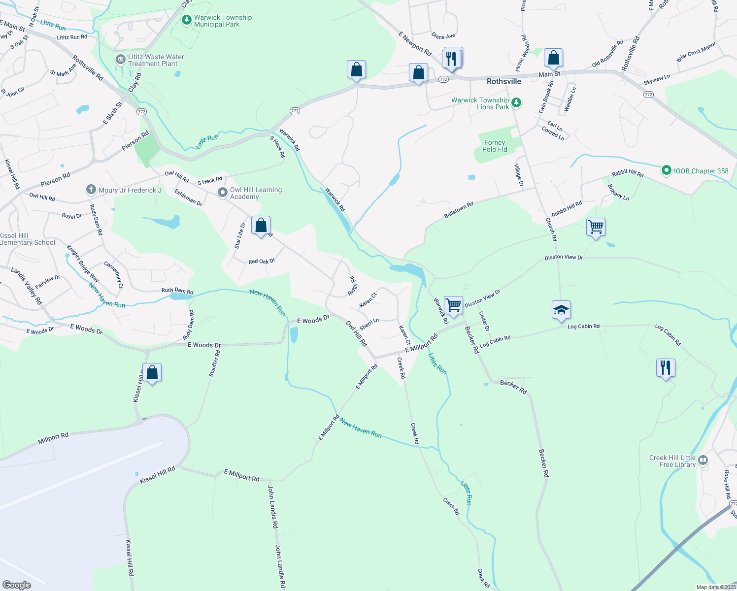 map of restaurants, bars, coffee shops, grocery stores, and more near 49 Karen Court in Lititz
