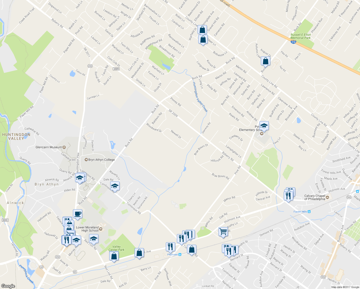map of restaurants, bars, coffee shops, grocery stores, and more near 449 Woodward Drive in Montgomery County