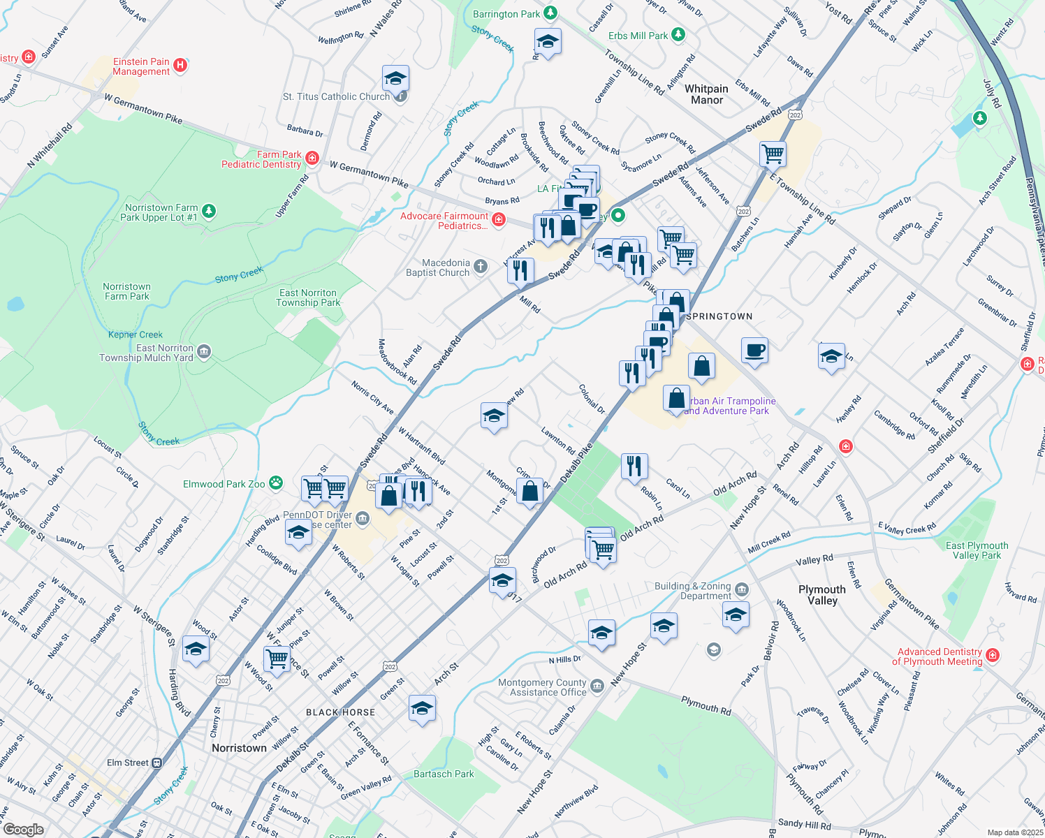 map of restaurants, bars, coffee shops, grocery stores, and more near 106 Lawnton Road in Norristown