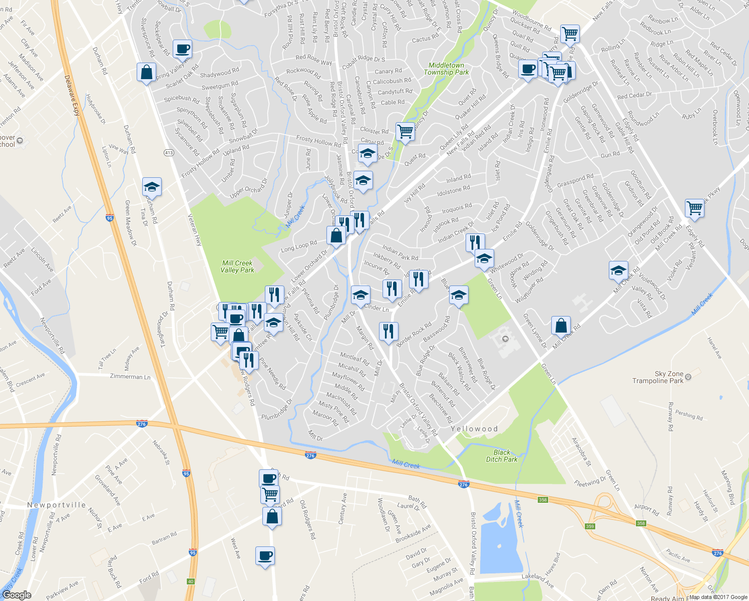 map of restaurants, bars, coffee shops, grocery stores, and more near 17 Idlewild Road in Levittown