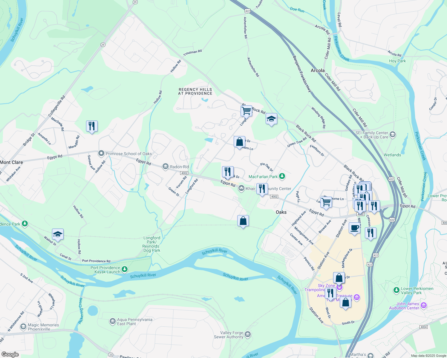 map of restaurants, bars, coffee shops, grocery stores, and more near 2 Pin Oak Drive in Phoenixville
