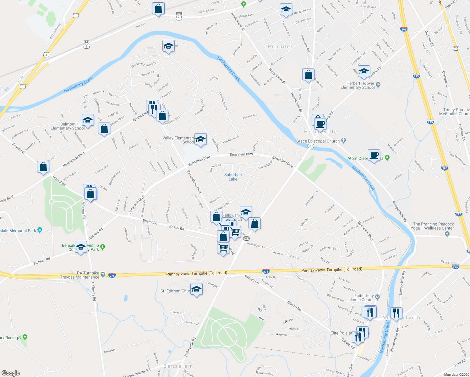 map of restaurants, bars, coffee shops, grocery stores, and more near 2528 Sharon Court in Bensalem