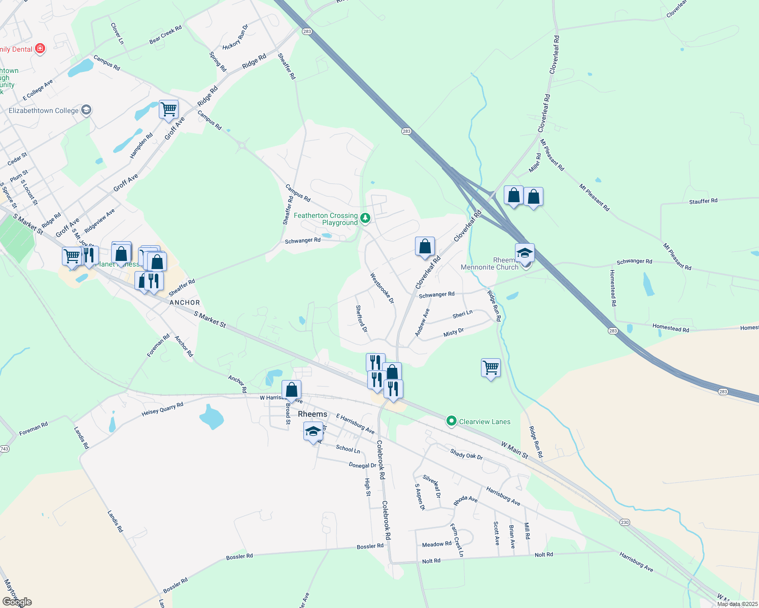 map of restaurants, bars, coffee shops, grocery stores, and more near 72 Brooklane Court in Elizabethtown
