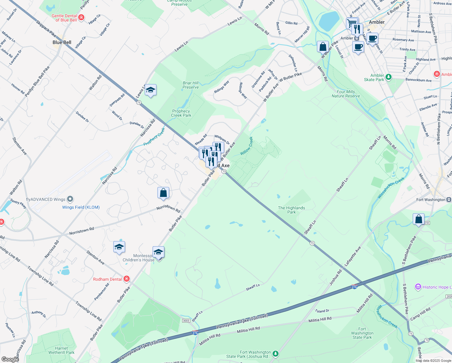 map of restaurants, bars, coffee shops, grocery stores, and more near 18 East Skippack Pike in Ambler