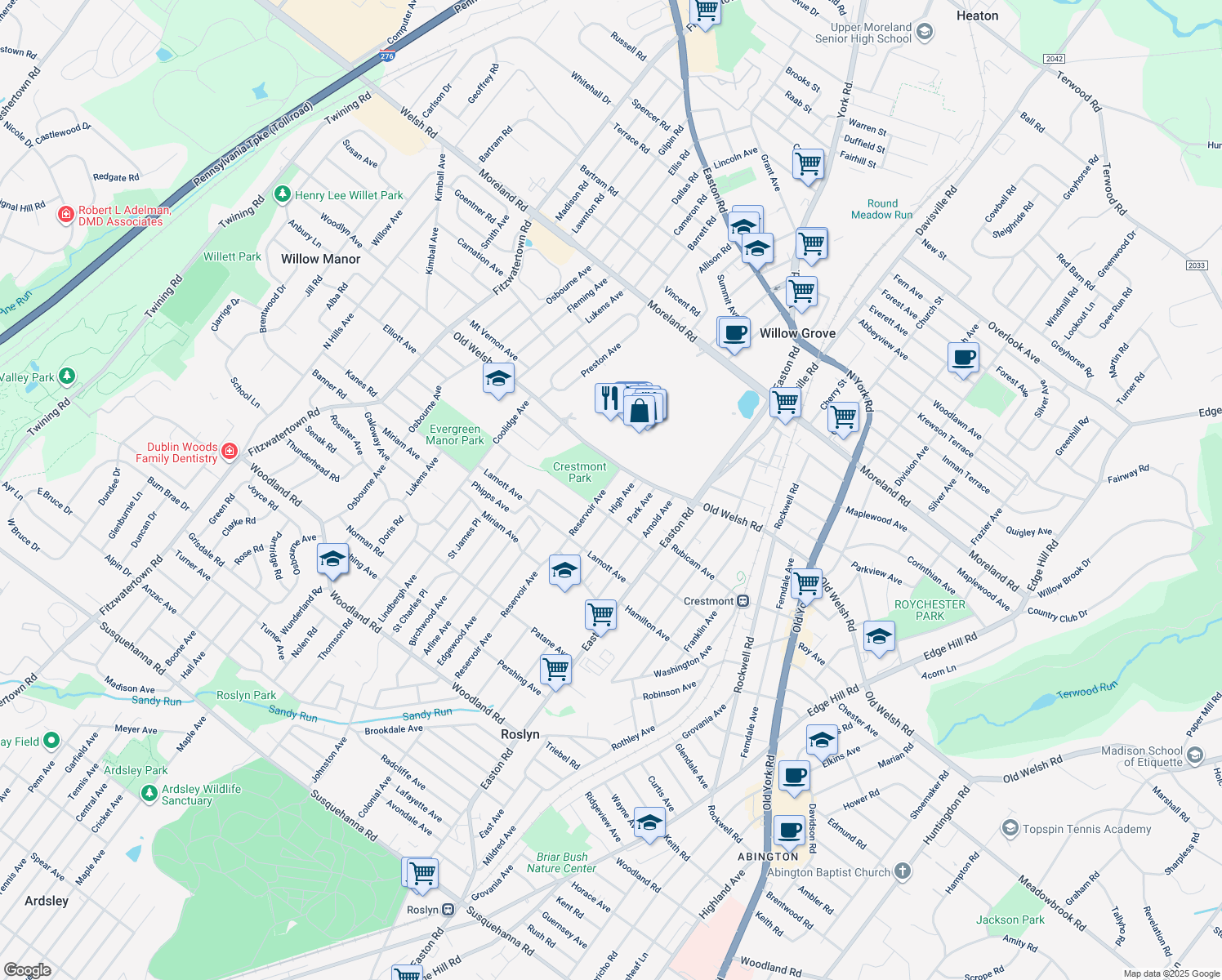 map of restaurants, bars, coffee shops, grocery stores, and more near 1723 Reservoir Avenue in Willow Grove