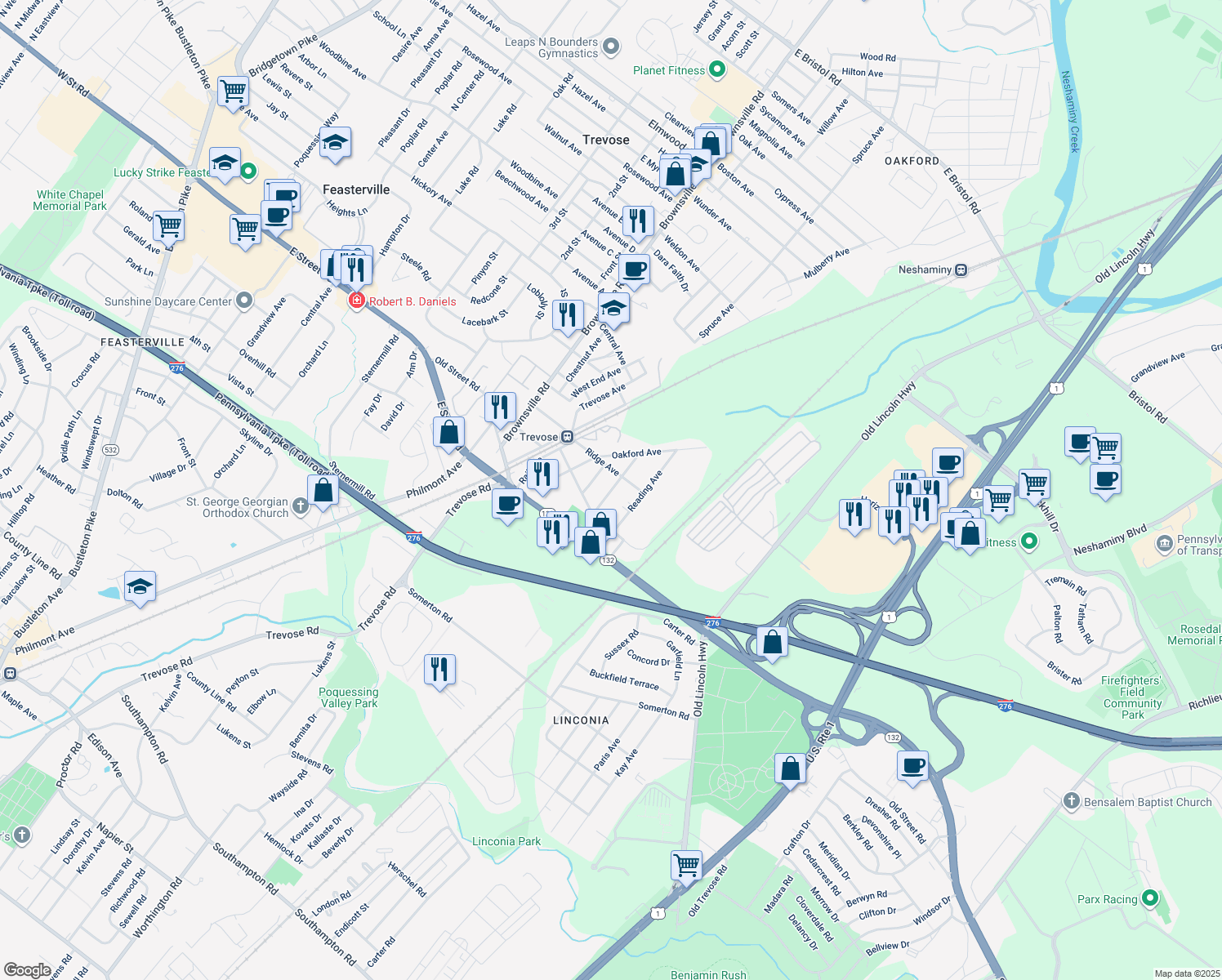 map of restaurants, bars, coffee shops, grocery stores, and more near 3132 Prospect Avenue in Feasterville-Trevose