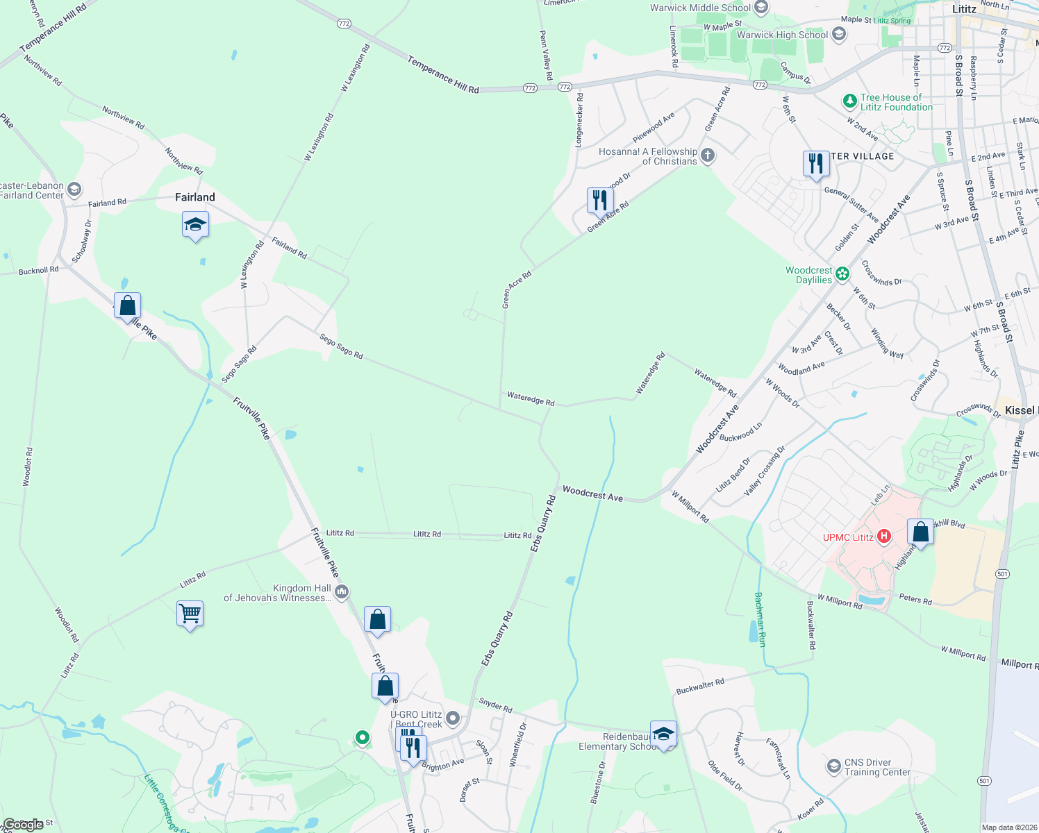 map of restaurants, bars, coffee shops, grocery stores, and more near 254 Sego Sago Road in Lititz