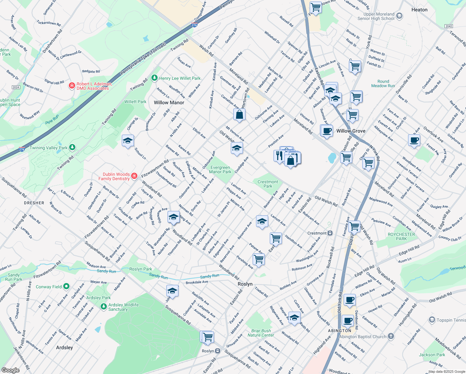 map of restaurants, bars, coffee shops, grocery stores, and more near 2652 Lamott Avenue in Willow Grove