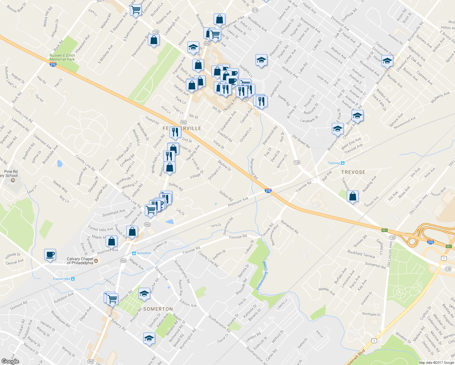 map of restaurants, bars, coffee shops, grocery stores, and more near 333 Skyline Drive in Feasterville-Trevose