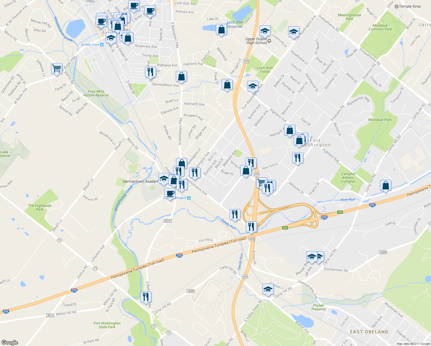 map of restaurants, bars, coffee shops, grocery stores, and more near 204 Madison Avenue in Fort Washington