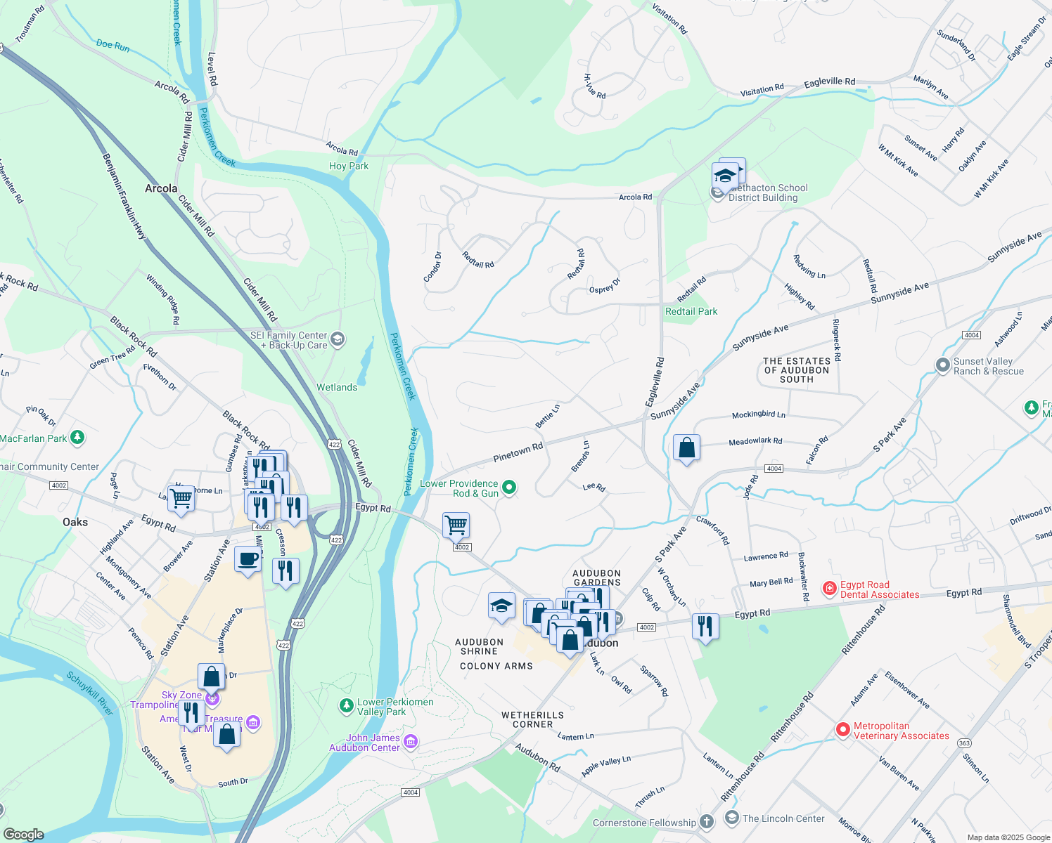 map of restaurants, bars, coffee shops, grocery stores, and more near 15 Pinetree Drive in Audubon