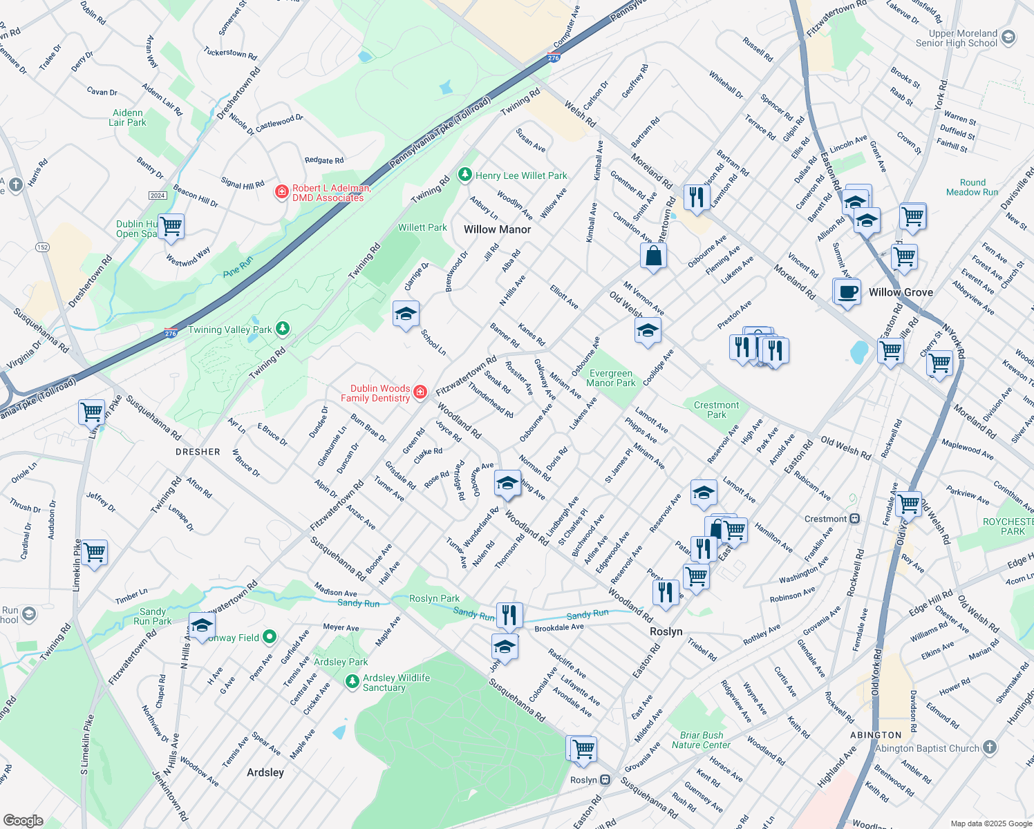 map of restaurants, bars, coffee shops, grocery stores, and more near 1461 Bluejay Road in Abington