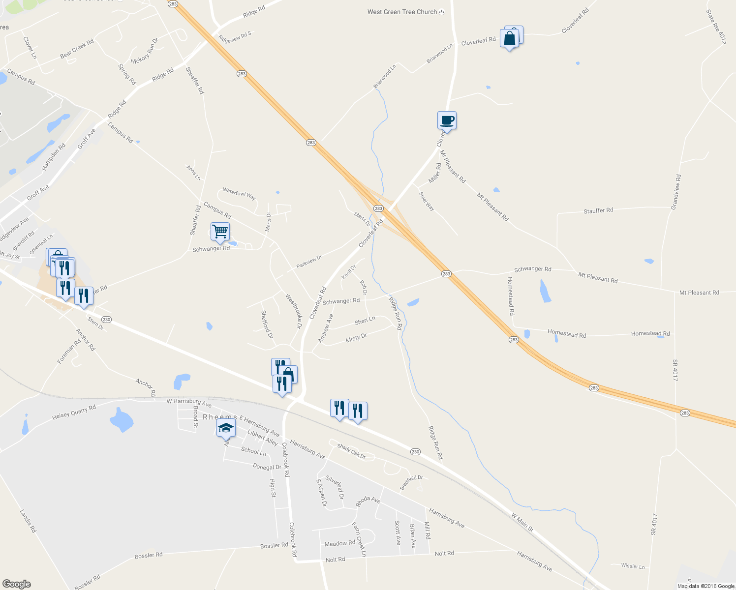 map of restaurants, bars, coffee shops, grocery stores, and more near 1245 Schwanger Road in Mount Joy