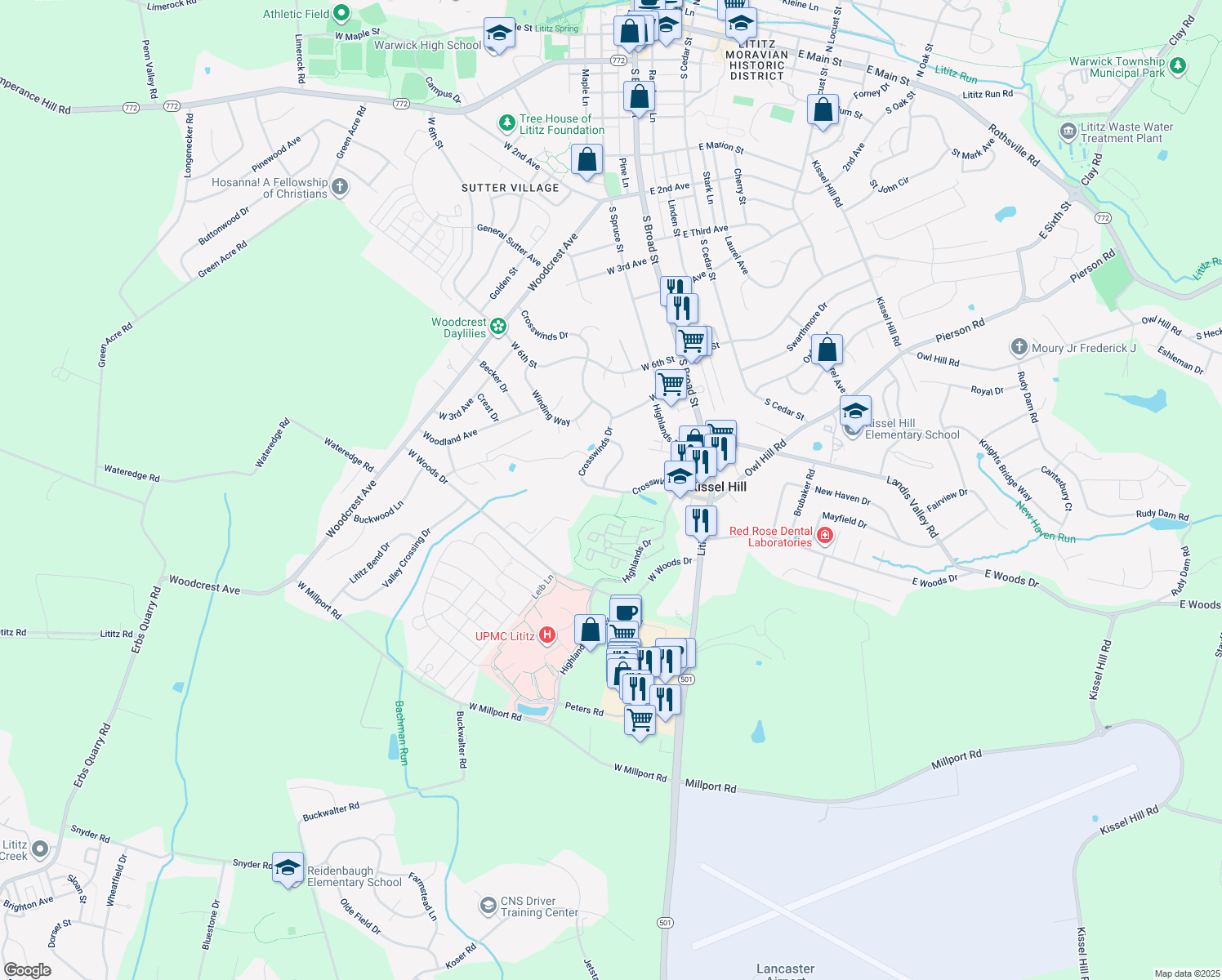 map of restaurants, bars, coffee shops, grocery stores, and more near 335 Crosswinds Drive in Lititz