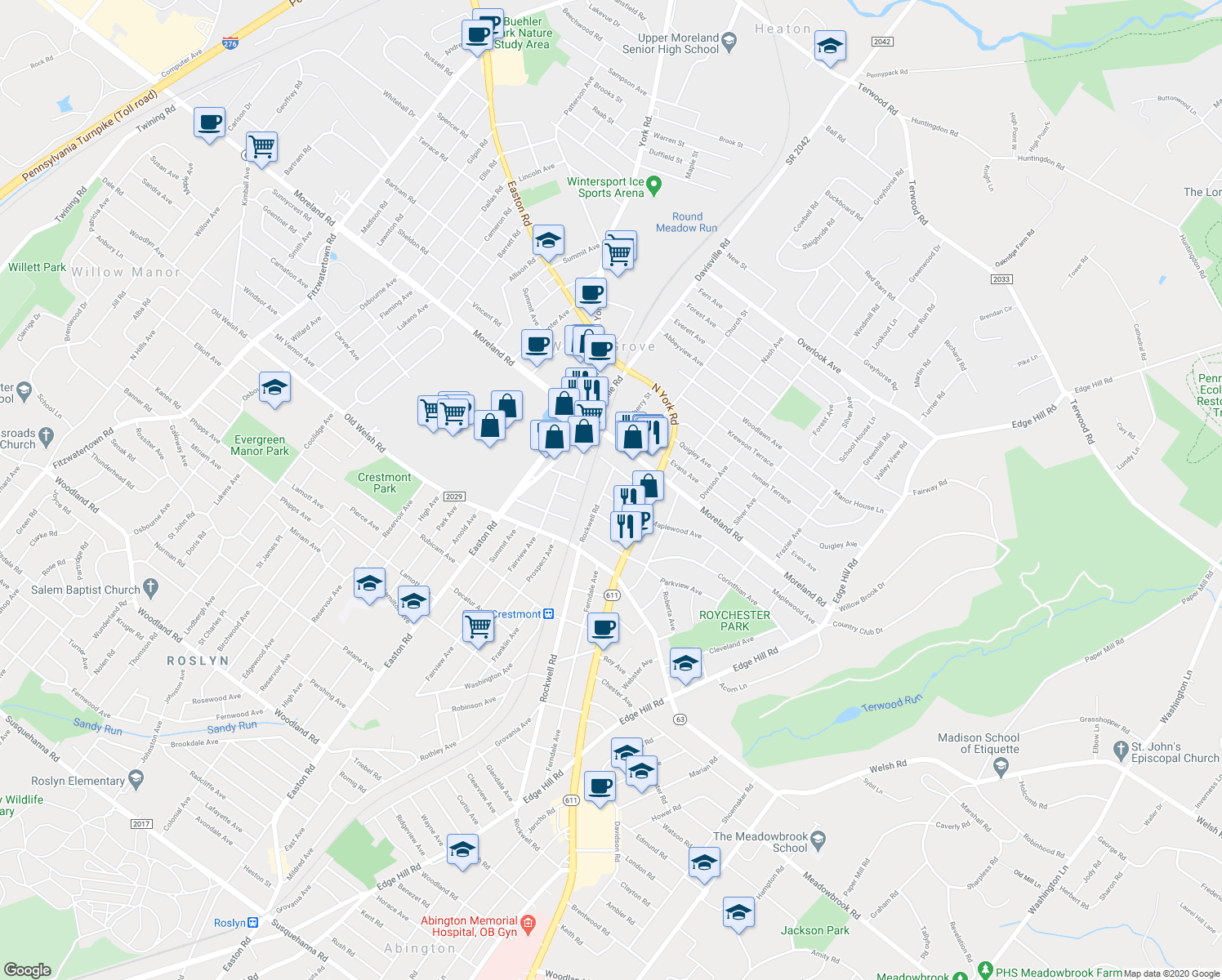map of restaurants, bars, coffee shops, grocery stores, and more near 2147 Maplewood Avenue in Abington