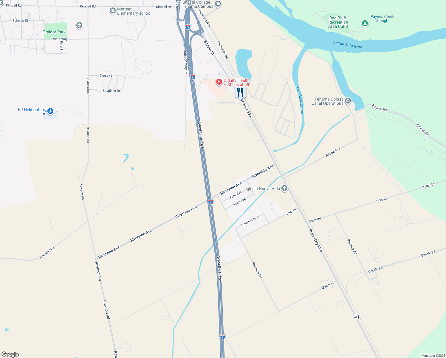 map of restaurants, bars, coffee shops, grocery stores, and more near 21990 Riverside Avenue in Red Bluff