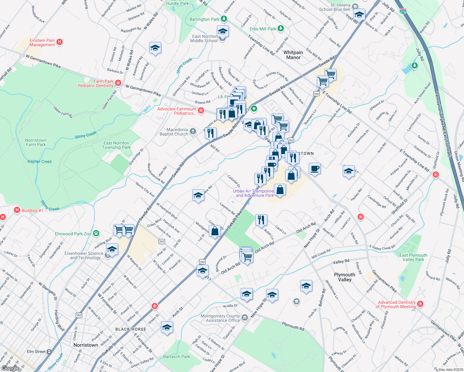 map of restaurants, bars, coffee shops, grocery stores, and more near 105 Valley View Road in Norristown