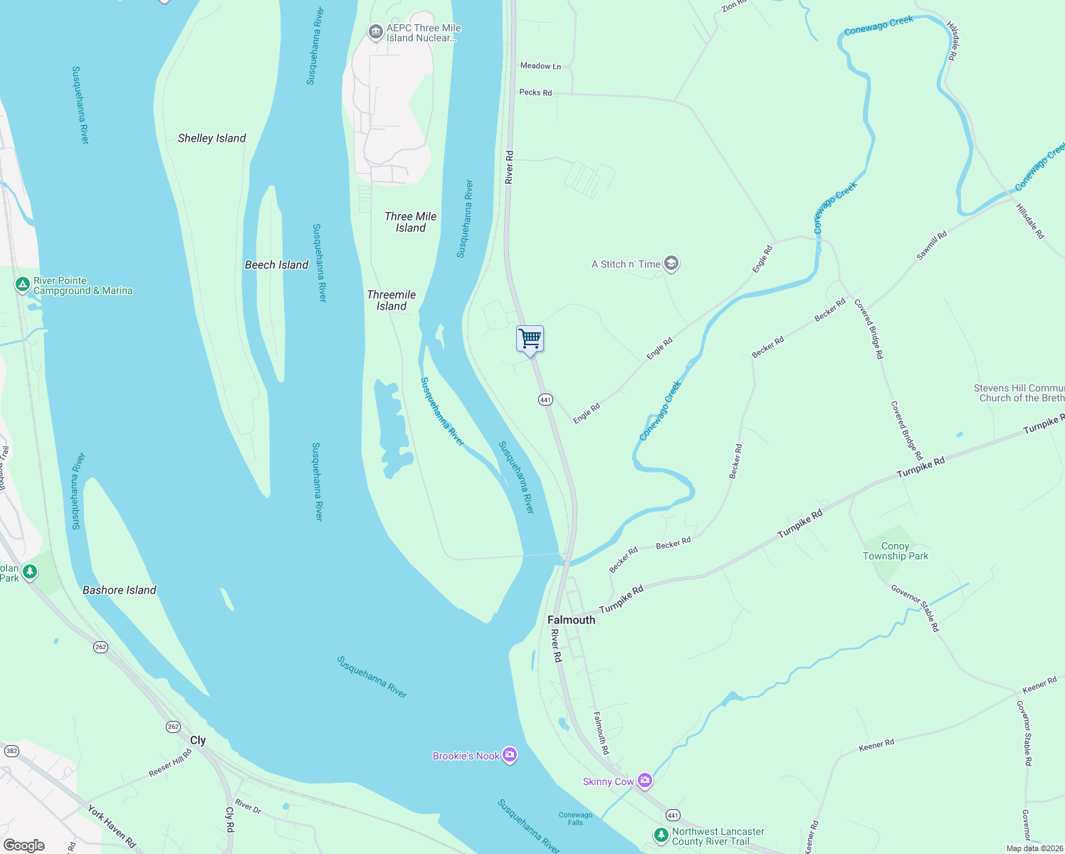 map of restaurants, bars, coffee shops, grocery stores, and more near 4077 River Road in Middletown