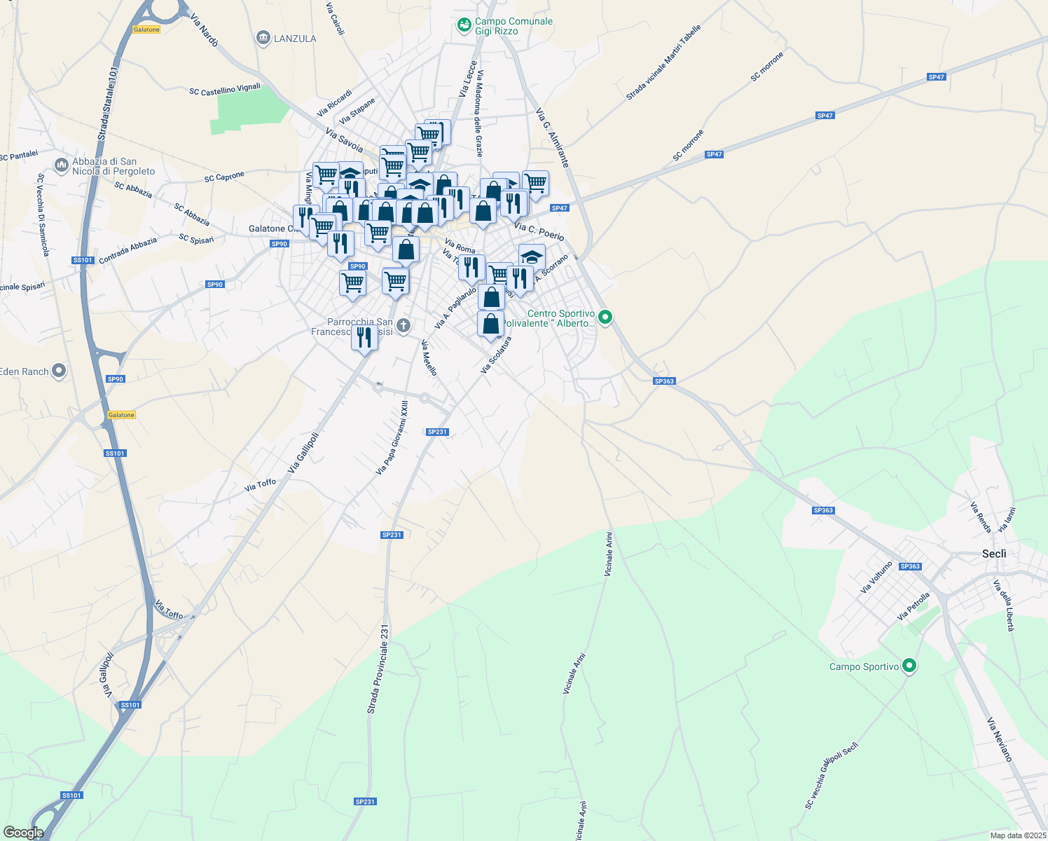 map of restaurants, bars, coffee shops, grocery stores, and more near 26 Strada Comunale Castello Forcignano in Provincia di Lecce