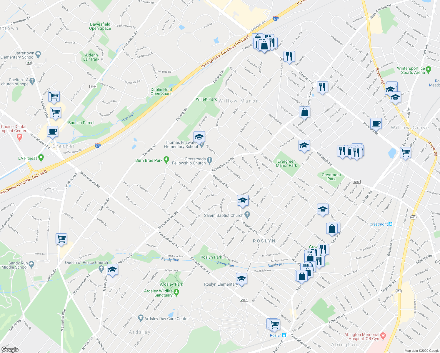 map of restaurants, bars, coffee shops, grocery stores, and more near 1410 White Owl Road in Abington
