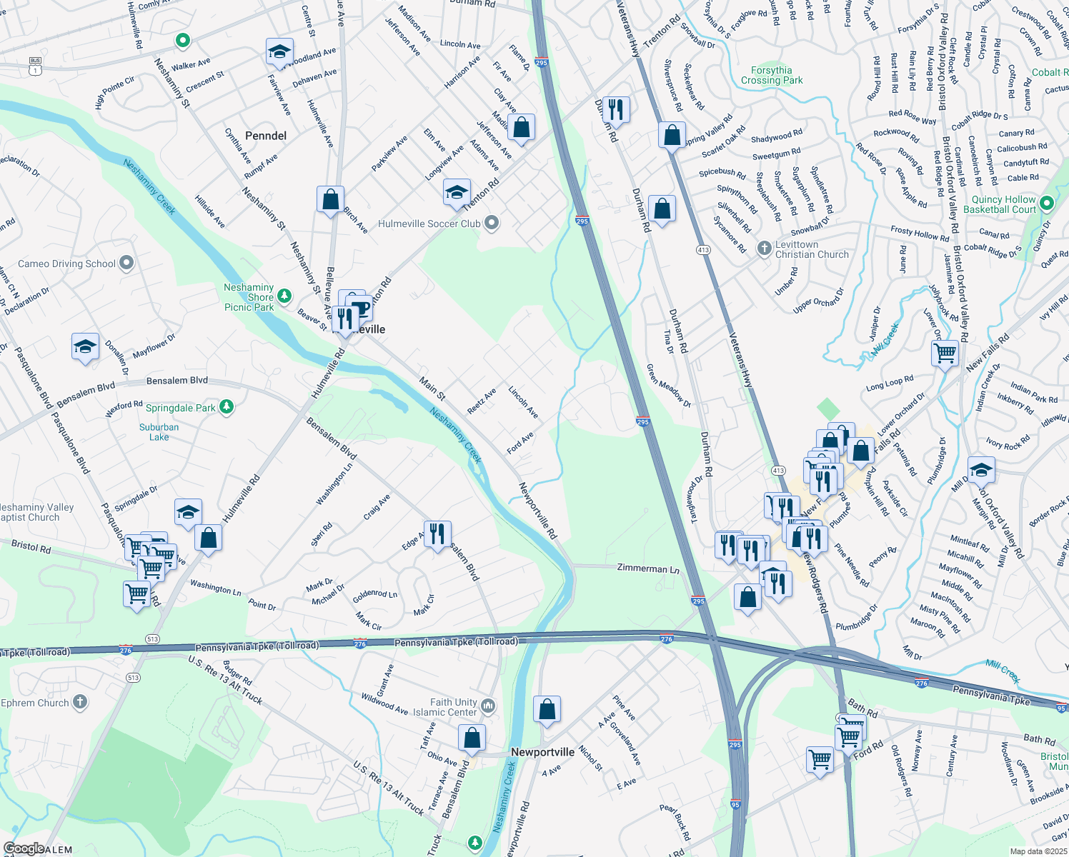map of restaurants, bars, coffee shops, grocery stores, and more near 213 Ford Avenue in Hulmeville