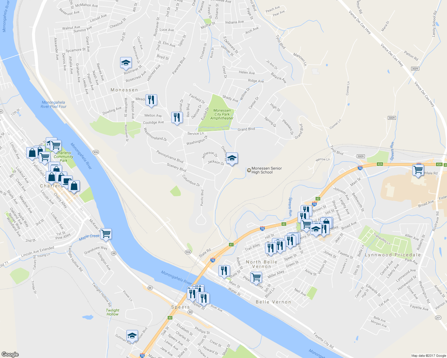 map of restaurants, bars, coffee shops, grocery stores, and more near 1328 State Rd in Monessen