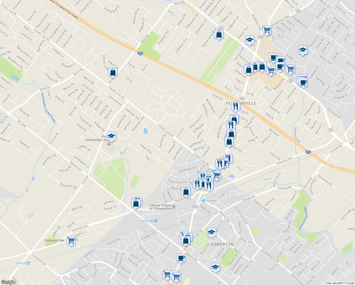 map of restaurants, bars, coffee shops, grocery stores, and more near 38 County Line Road in Montgomery County
