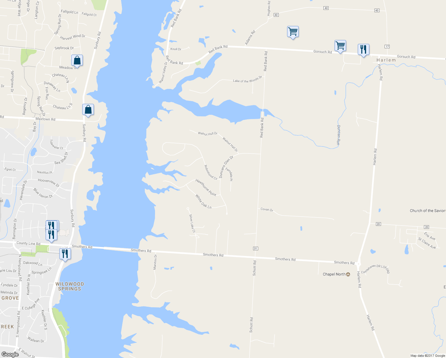 map of restaurants, bars, coffee shops, grocery stores, and more near 7400 Duncans Glen Drive in Westerville