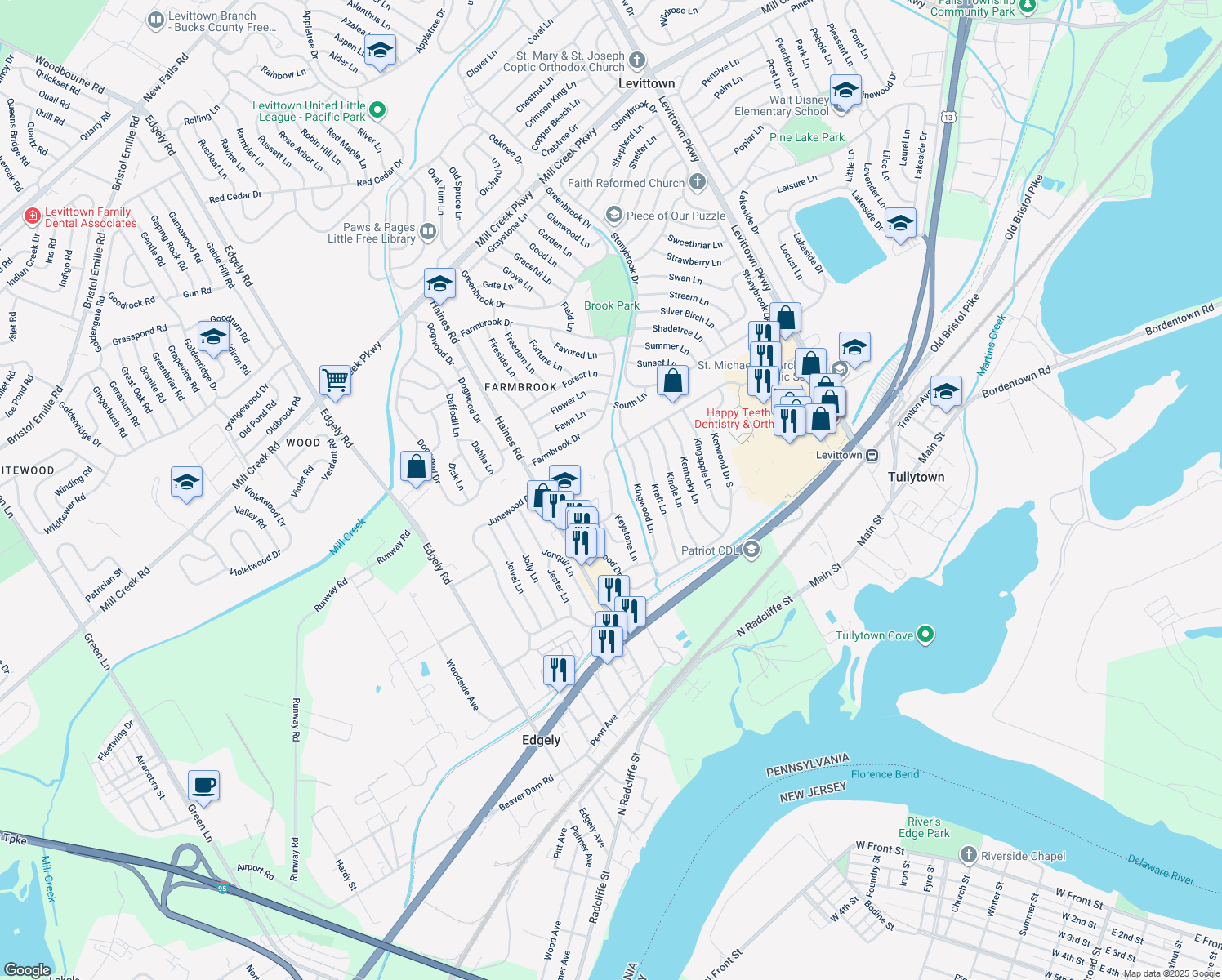 map of restaurants, bars, coffee shops, grocery stores, and more near 50 Kenwood Drive North in Levittown