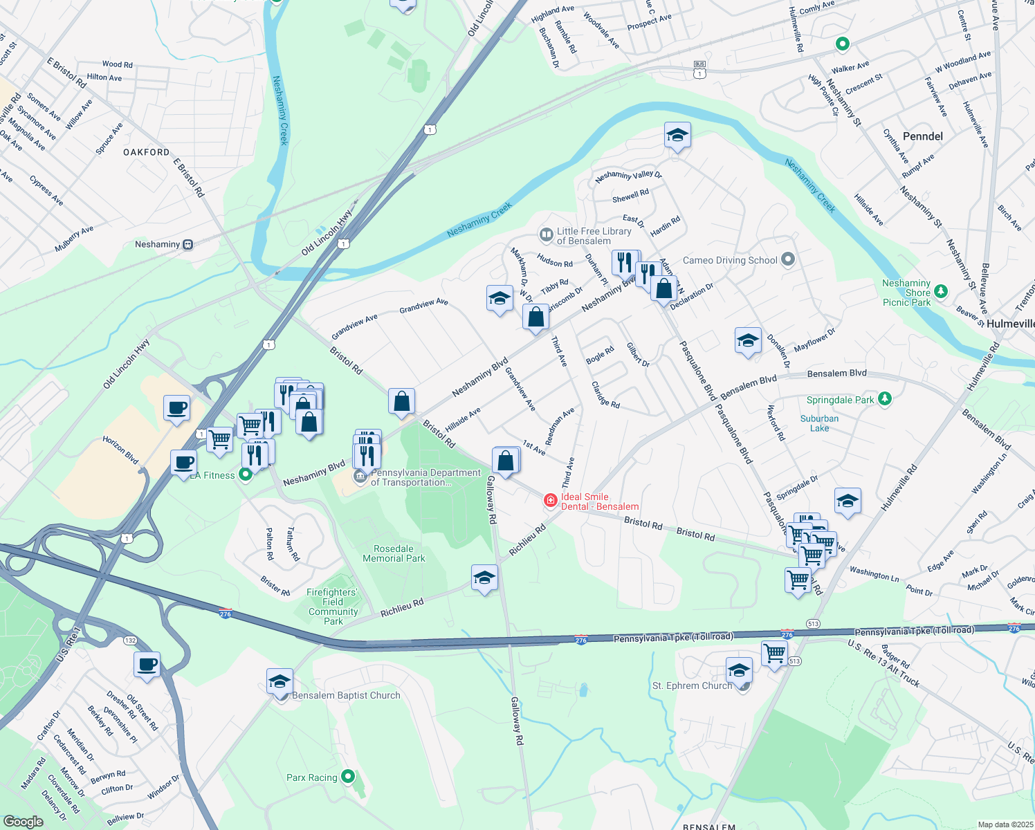 map of restaurants, bars, coffee shops, grocery stores, and more near 4835 Sunrise Avenue in Bensalem