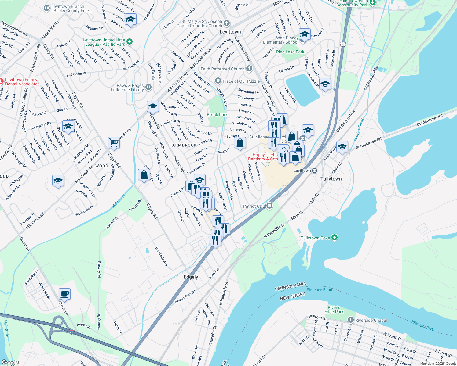 map of restaurants, bars, coffee shops, grocery stores, and more near 78 Kingwood Lane in Levittown