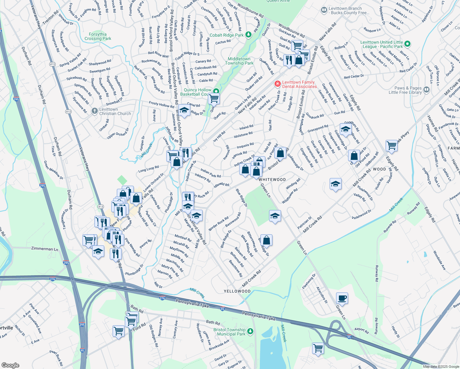 map of restaurants, bars, coffee shops, grocery stores, and more near 109 Idlewild Road in Levittown