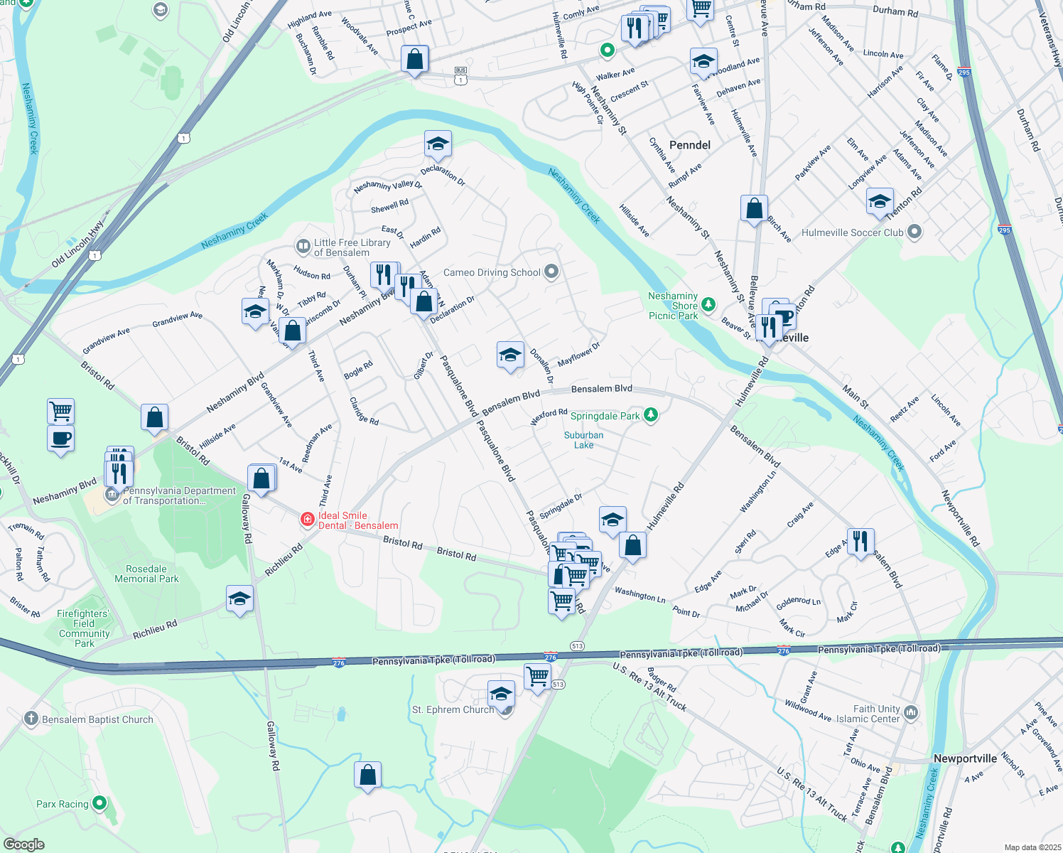 map of restaurants, bars, coffee shops, grocery stores, and more near 5729 Quincy Turn in Bensalem