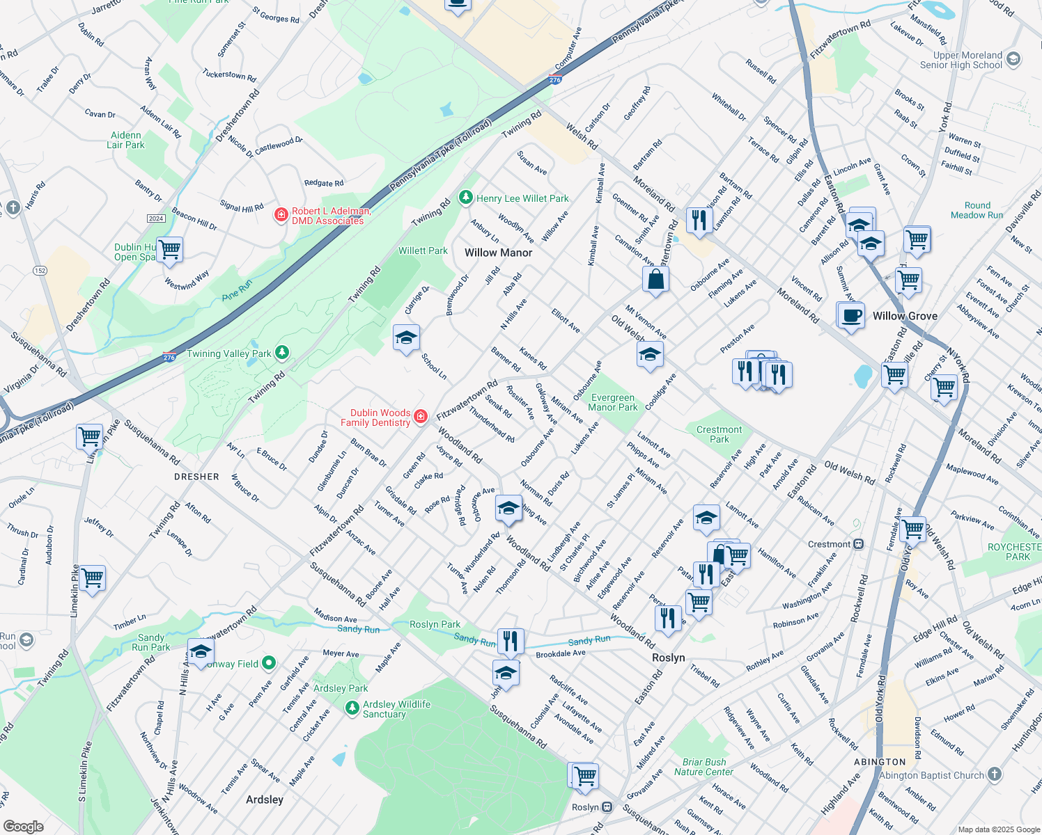 map of restaurants, bars, coffee shops, grocery stores, and more near 2875 Senak Road in Abington