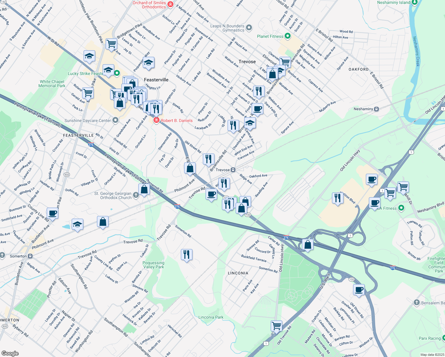 map of restaurants, bars, coffee shops, grocery stores, and more near 3049 Rail Avenue in Feasterville-Trevose
