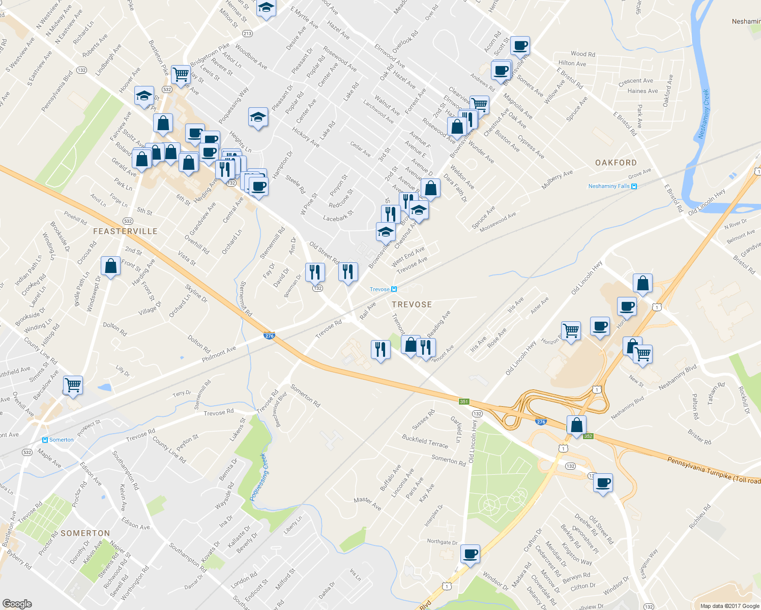 map of restaurants, bars, coffee shops, grocery stores, and more near 3129 Rail Avenue in Trevose