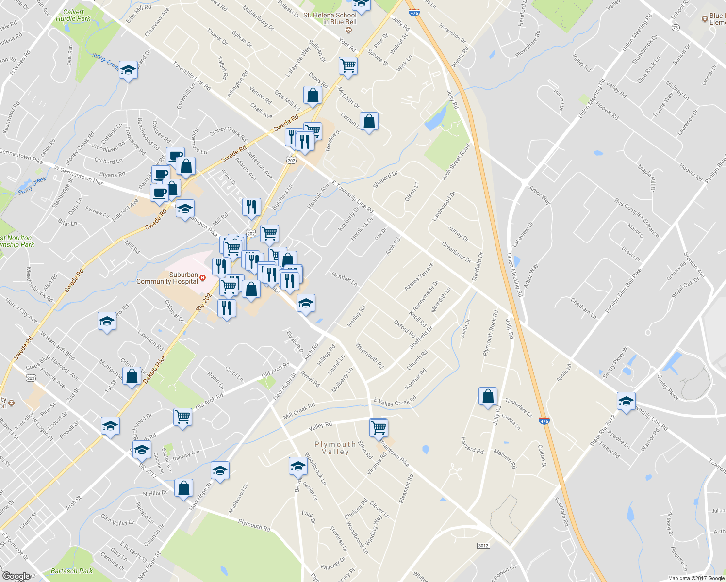 map of restaurants, bars, coffee shops, grocery stores, and more near 313 Oxford Road in Plymouth Meeting