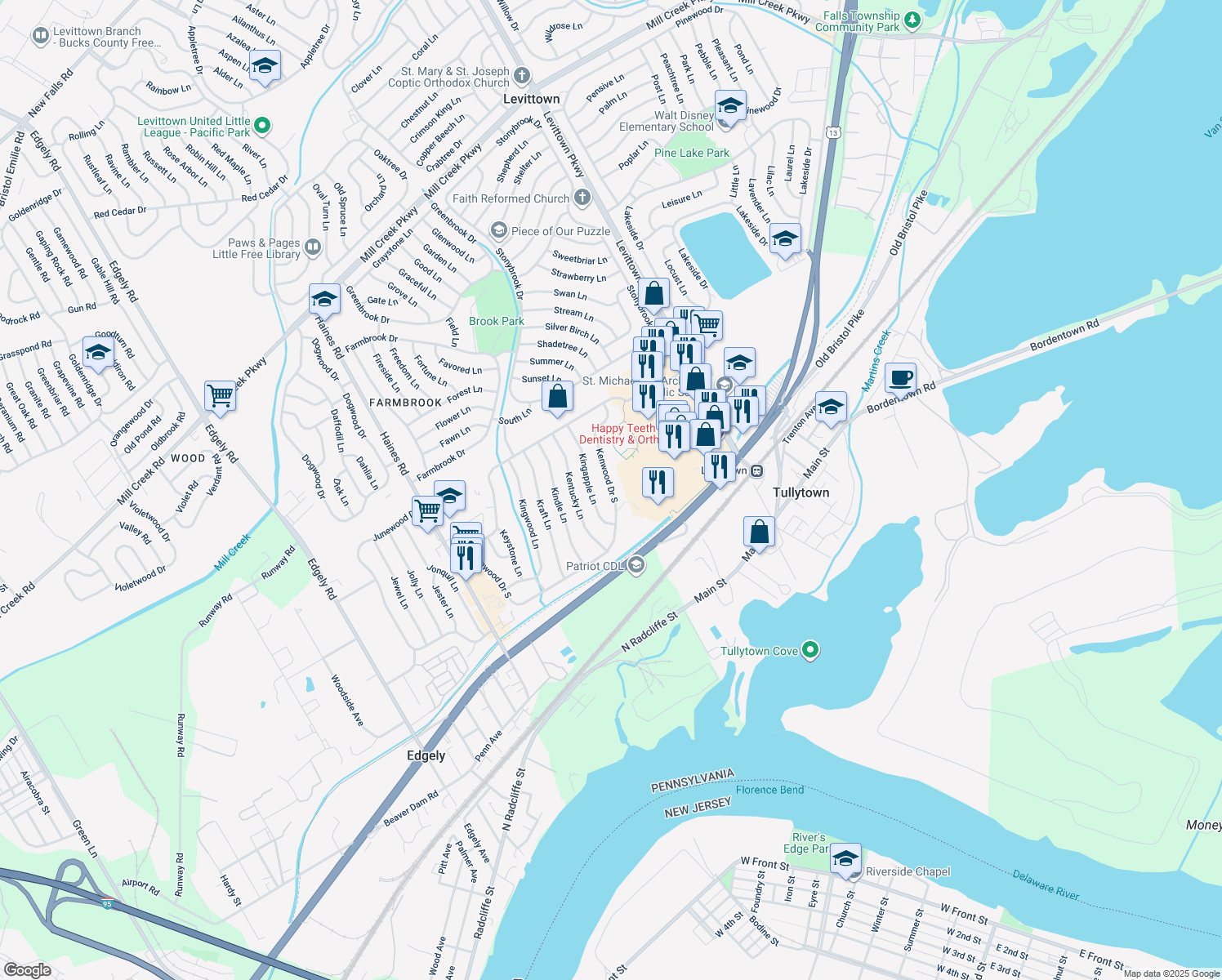 map of restaurants, bars, coffee shops, grocery stores, and more near 183 Kenwood Drive South in Levittown