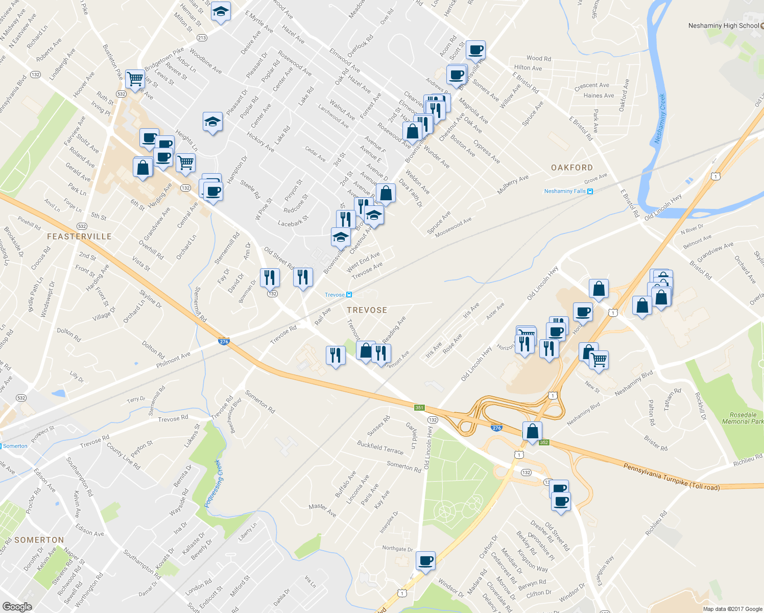 map of restaurants, bars, coffee shops, grocery stores, and more near 3271 Oakford Avenue in Feasterville-Trevose
