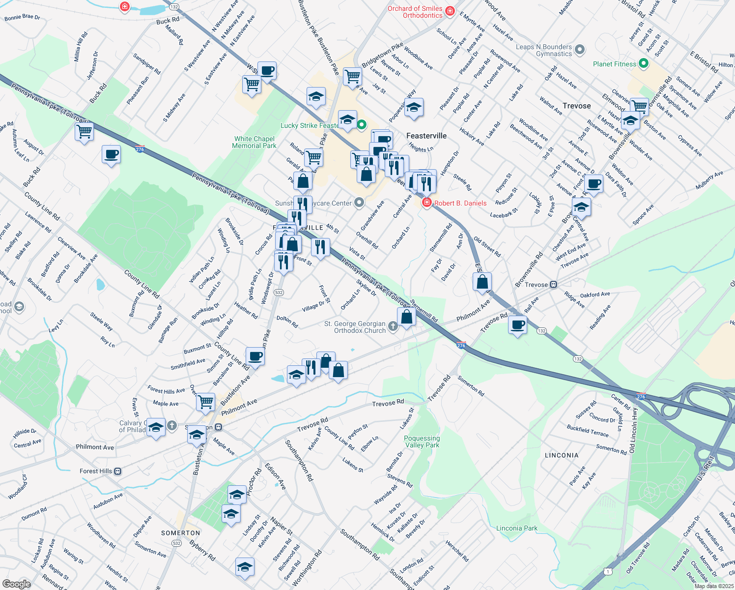 map of restaurants, bars, coffee shops, grocery stores, and more near 309 Skyline Drive in Feasterville-Trevose
