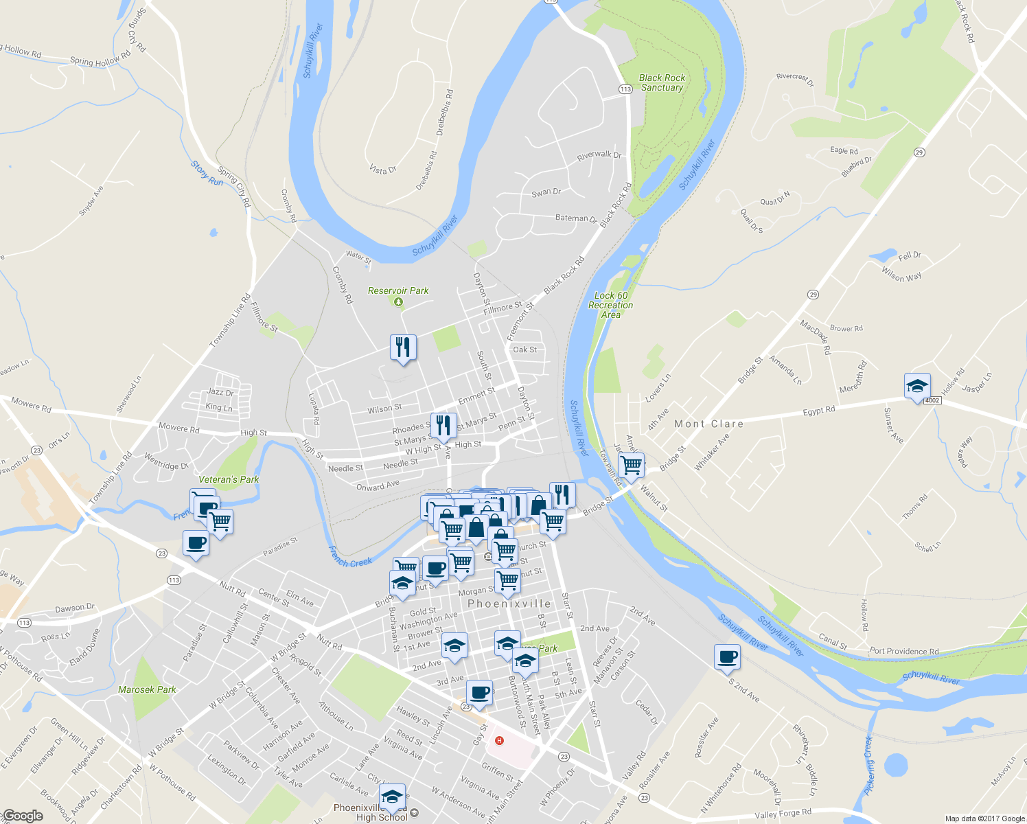 map of restaurants, bars, coffee shops, grocery stores, and more near 122 Saint Marys Street in Phoenixville
