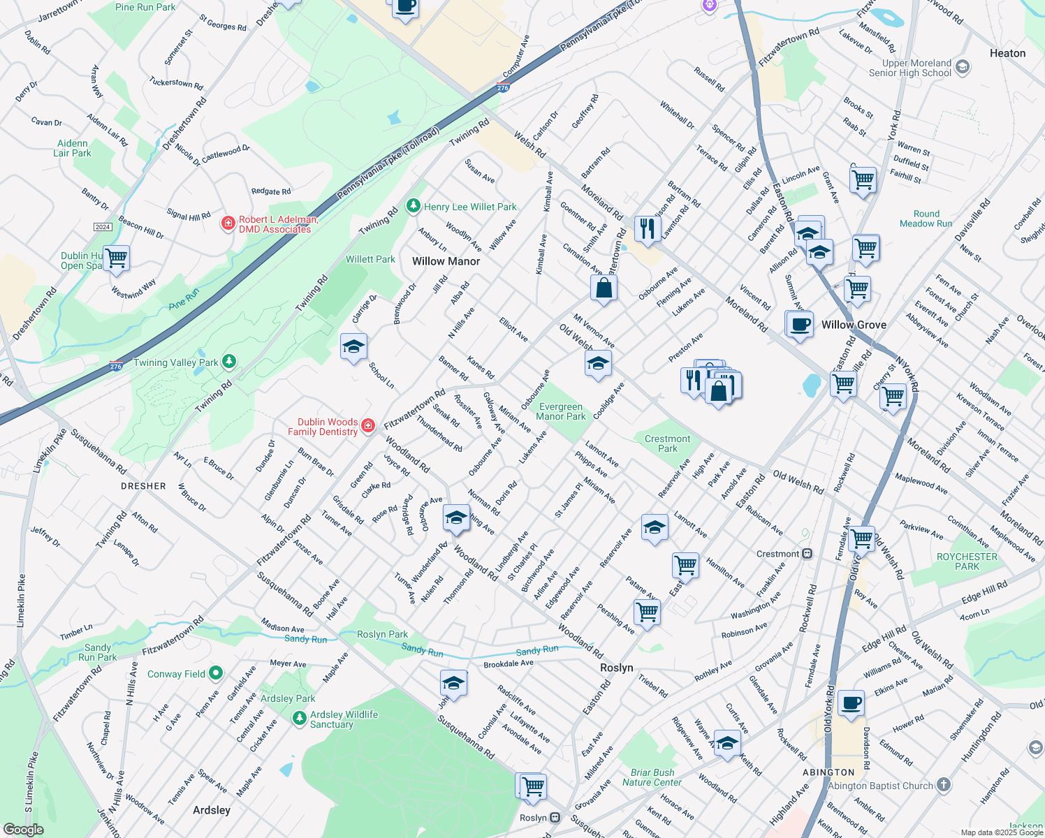 map of restaurants, bars, coffee shops, grocery stores, and more near 2773 Miriam Avenue in Abington