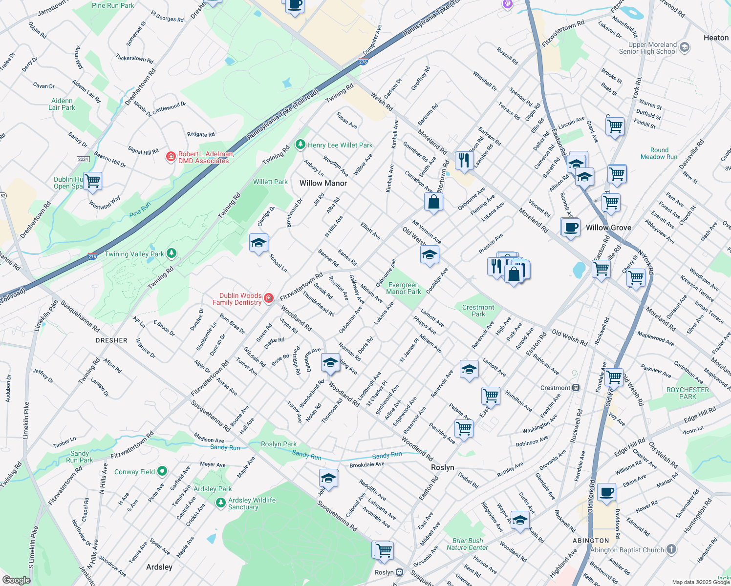map of restaurants, bars, coffee shops, grocery stores, and more near 2808 Miriam Avenue in Abington
