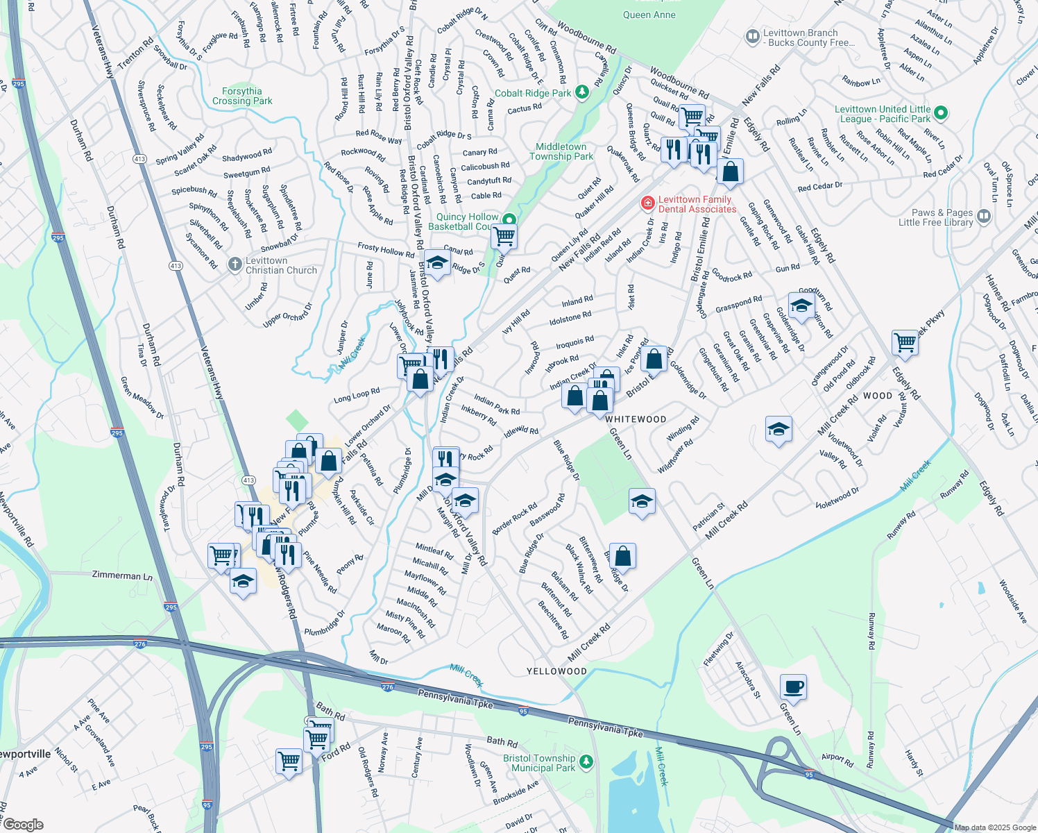 map of restaurants, bars, coffee shops, grocery stores, and more near 58 Indian Park Road in Levittown