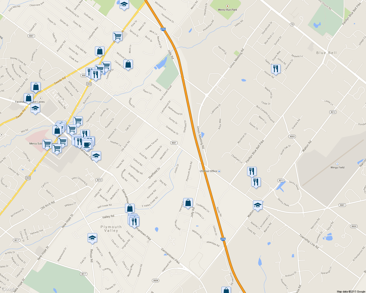 map of restaurants, bars, coffee shops, grocery stores, and more near 899 East Township Line Road in Blue Bell