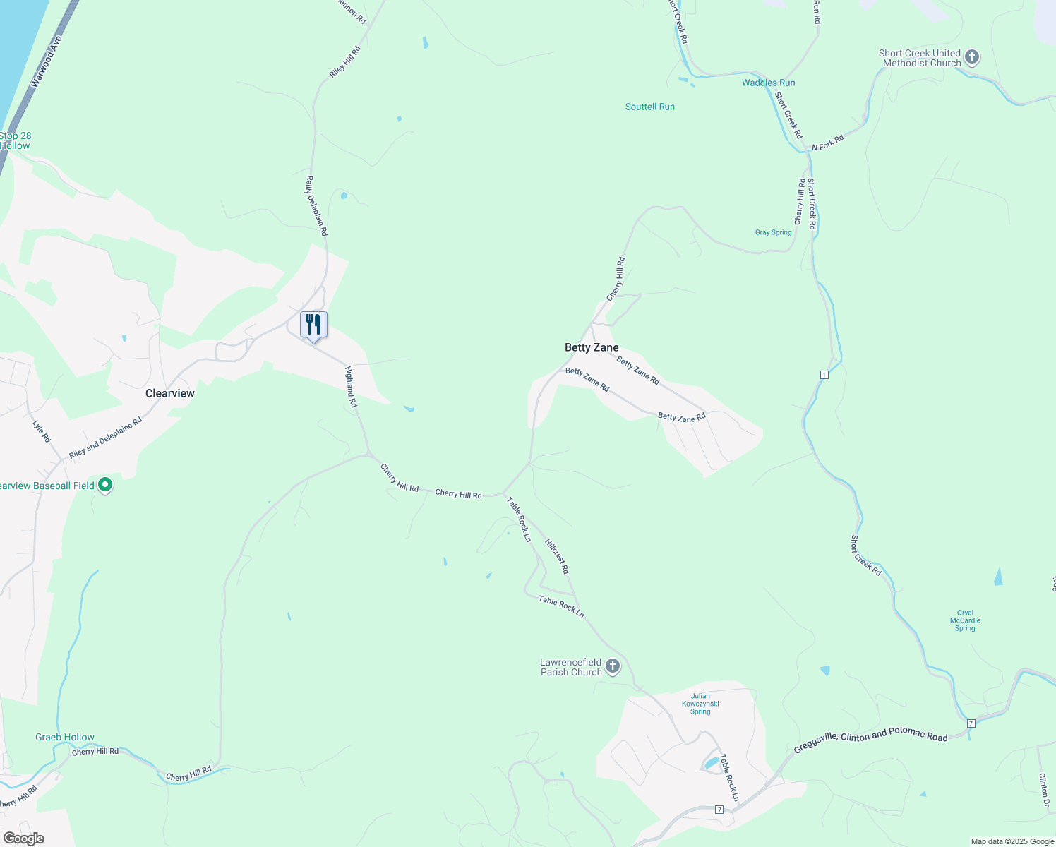 map of restaurants, bars, coffee shops, grocery stores, and more near 1941 Cherry Hill Road in Wheeling